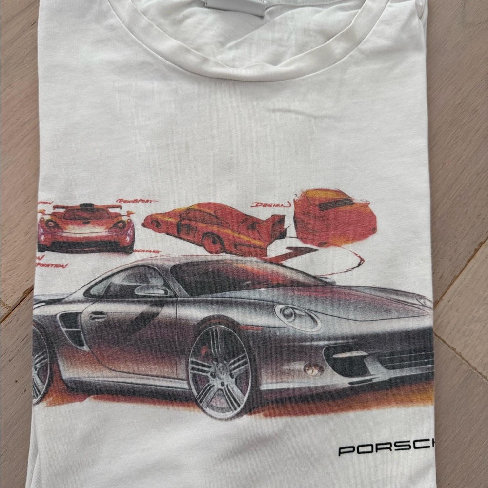Porsche Design White Tee with Gray and Red Automotive Graphic